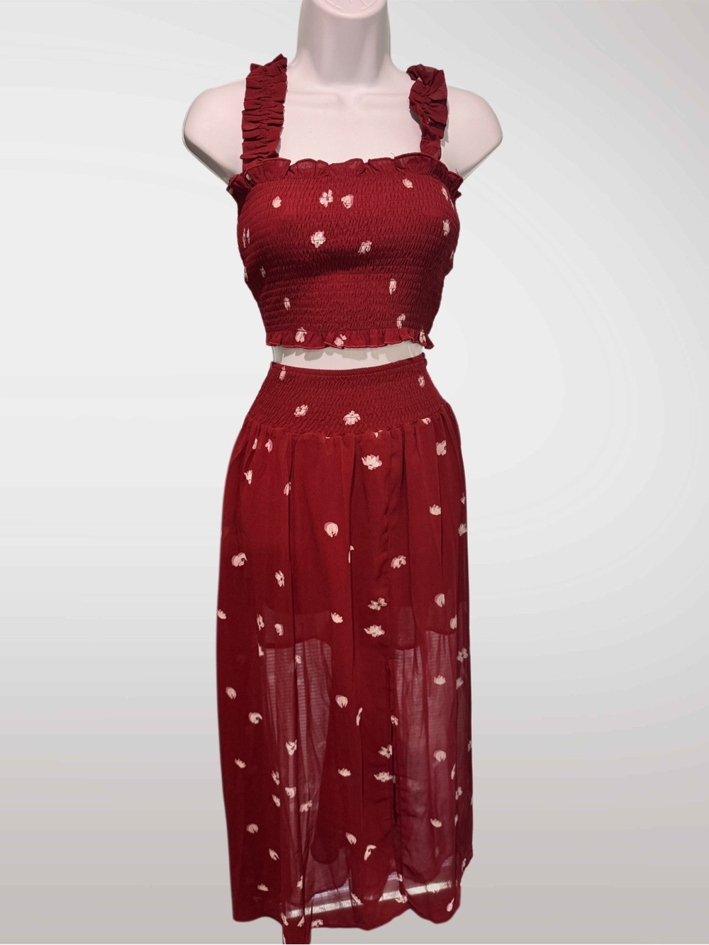 Burgundy Red Floral Smocked Maxi Skirt and Top Set - Women's